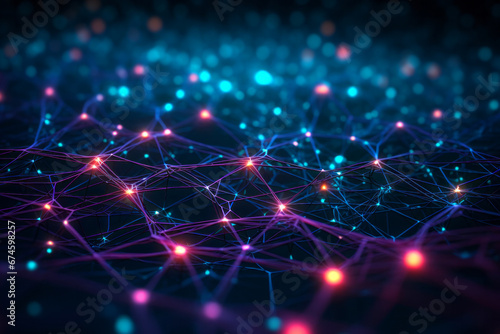 Abstract illustration of neon pink blue glowing network grid of digital connectivity and data structure on dark background. Futuristic technology concept