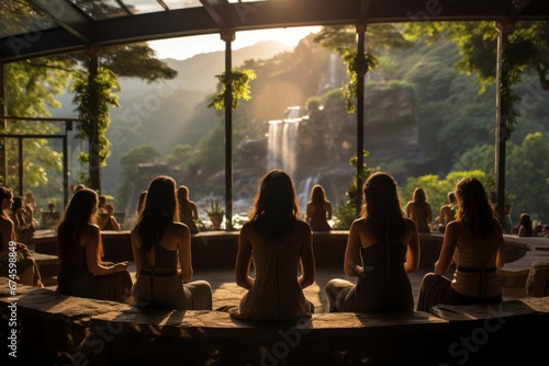 A woman participating in a group yoga class in an open-air spa pavilion.