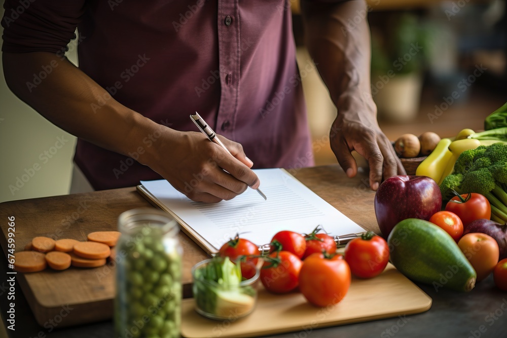 Man selecting healthy food options and preparing shopping list Man selecting healthy food options and preparing shopping list