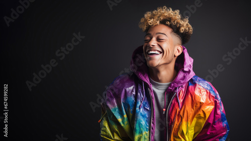 Young individual with blonde-dyed curls in rainbow jacket