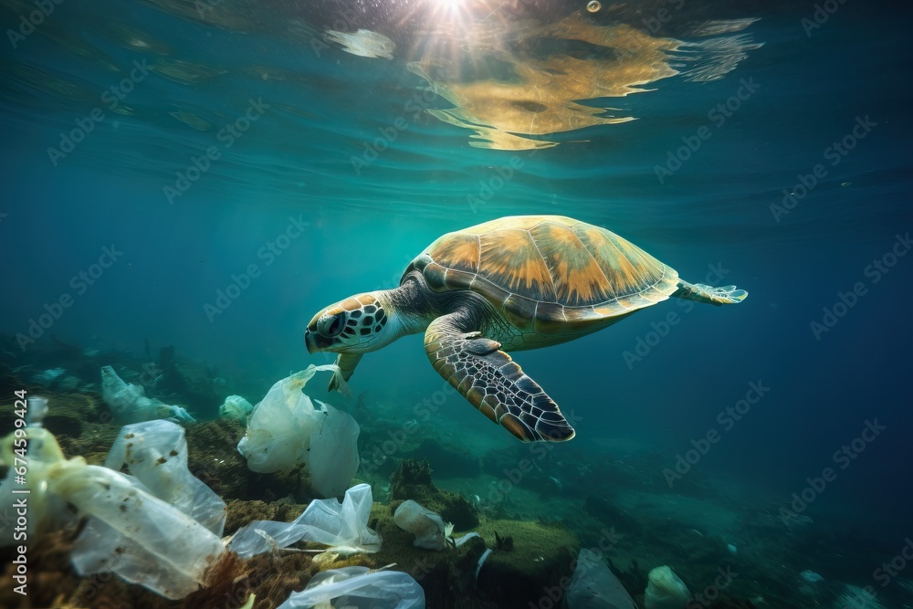 Obraz premium Plastic pollution in the ocean Sea turtle eats plastic bag