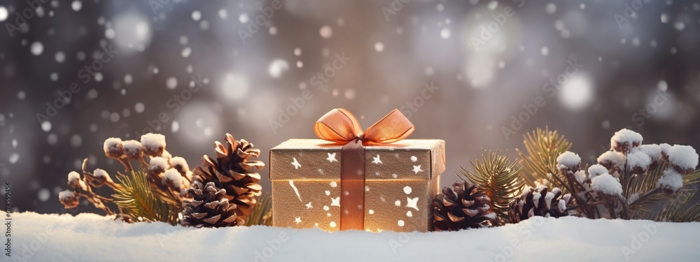 Christmas Gift Box, Fir Branches And Pine cones, On Snow With Christmas Lights, generative ai