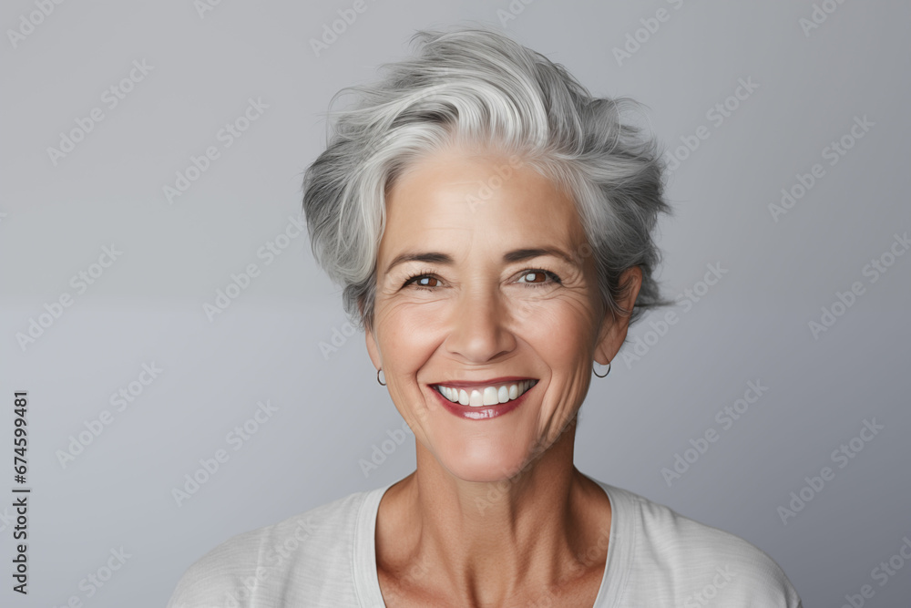 Elegant Mature Woman with Gray Hair Smiling Happily on a Simple Gray Background