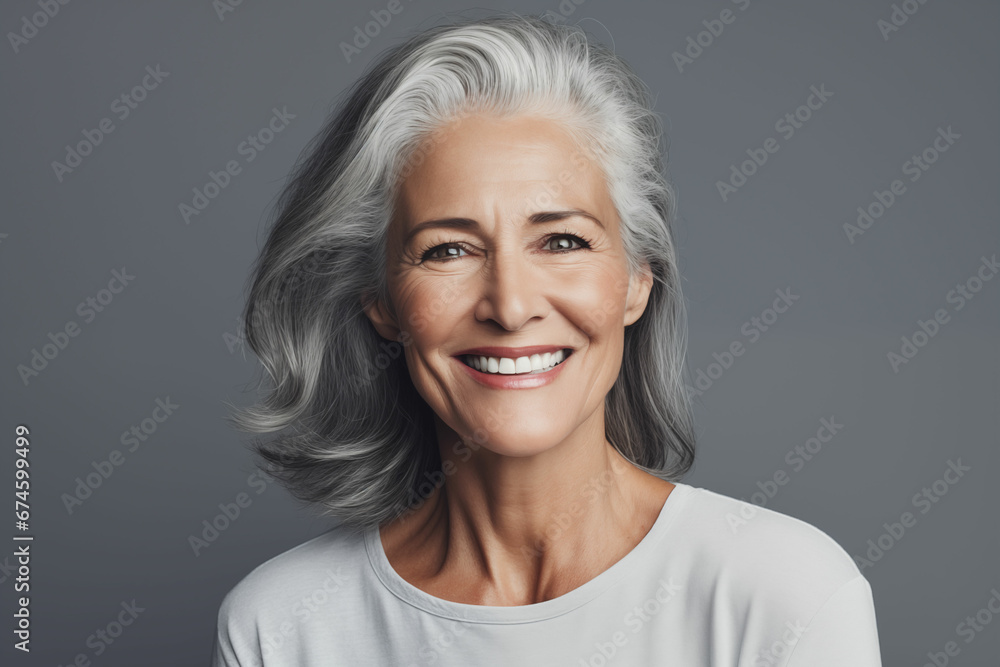 Radiant Smile of Joyful Mature Woman with Gray Hair, Posed Against Simple Gray Background Radiant Smile of Joyful Mature Woman with Gray Hair, Posed Against Simple Gray Background