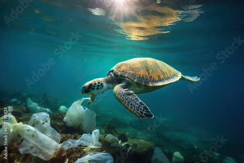Plastic pollution in the ocean Sea turtle eats plastic bag