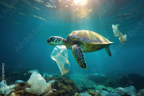 Plastic pollution in the ocean Sea turtle eats plastic bag © ORG