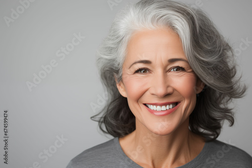 Radiant Beauty Defined: Portrait of a Happy Mature Woman with Gray Hair Smiling Brightly on a Plain Gray Background