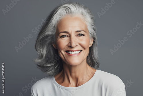 Radiant Smile of Joyful Mature Woman with Gray Hair, Posed Against Simple Gray Background © Fortis Design