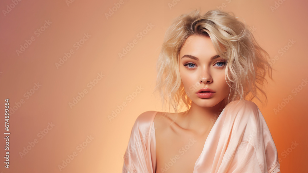 Young woman with blonde hair, apricot studio setting Young woman with blonde hair, apricot studio setting
