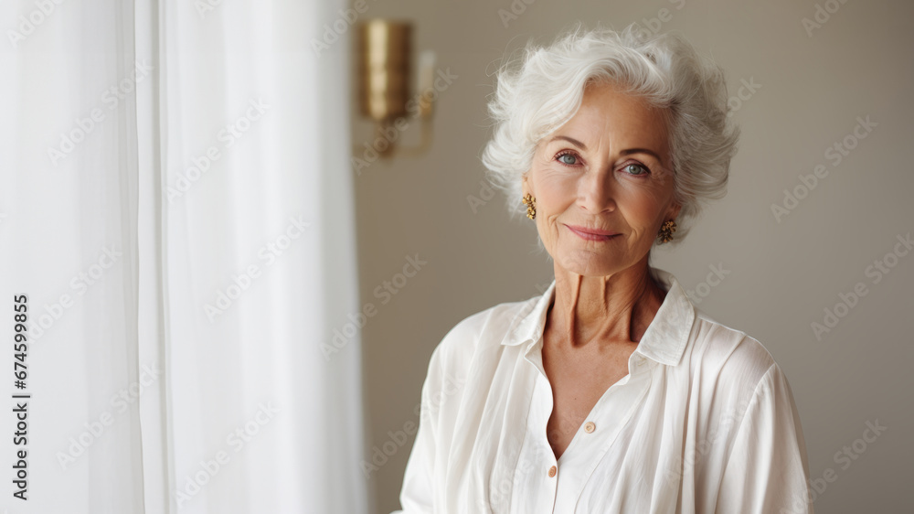 Elegant senior woman in her 70s with flowing white hair Elegant senior woman in her 70s with flowing white hair