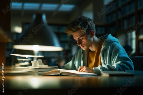 Dedicated University Student Engrossed in Daytime Study at the Library photo