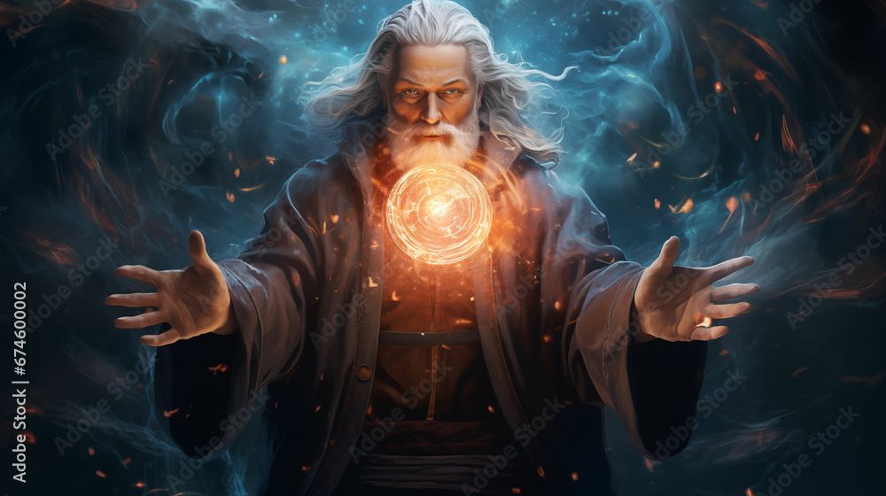 Artistic Portrayal of an Aged Male Wizard Channeling Magical Energy Surrounded by an Aura of Electric Blue and Darkness - obrazy, fototapety, plakaty 