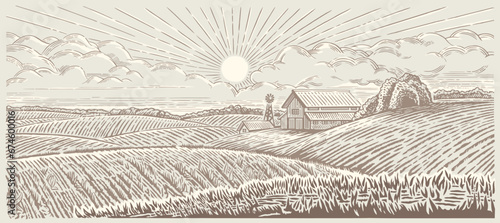 Rural, morning landscape with a farm. Illustration in engraving style. photo
