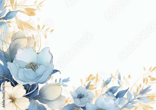 fondo ramo floral con espacio vacio para texto, en tono azul y beige sobre fondo blanco