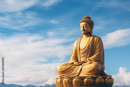 Meditative Grace: A Breathtaking Photo of a Golden Buddha Statue against a Dramatic Cloudy Blue Sky