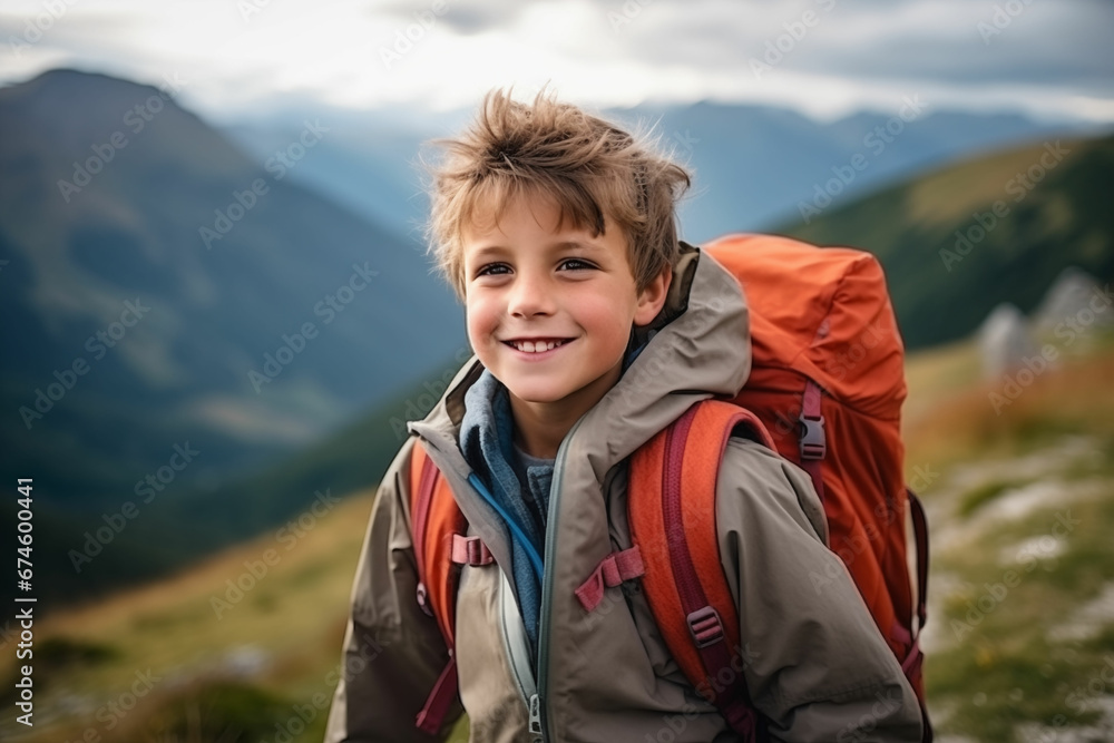 Jovial Young Boy Embarking on a Mountain Hiking Adventure, Embracing the Joy of Nature