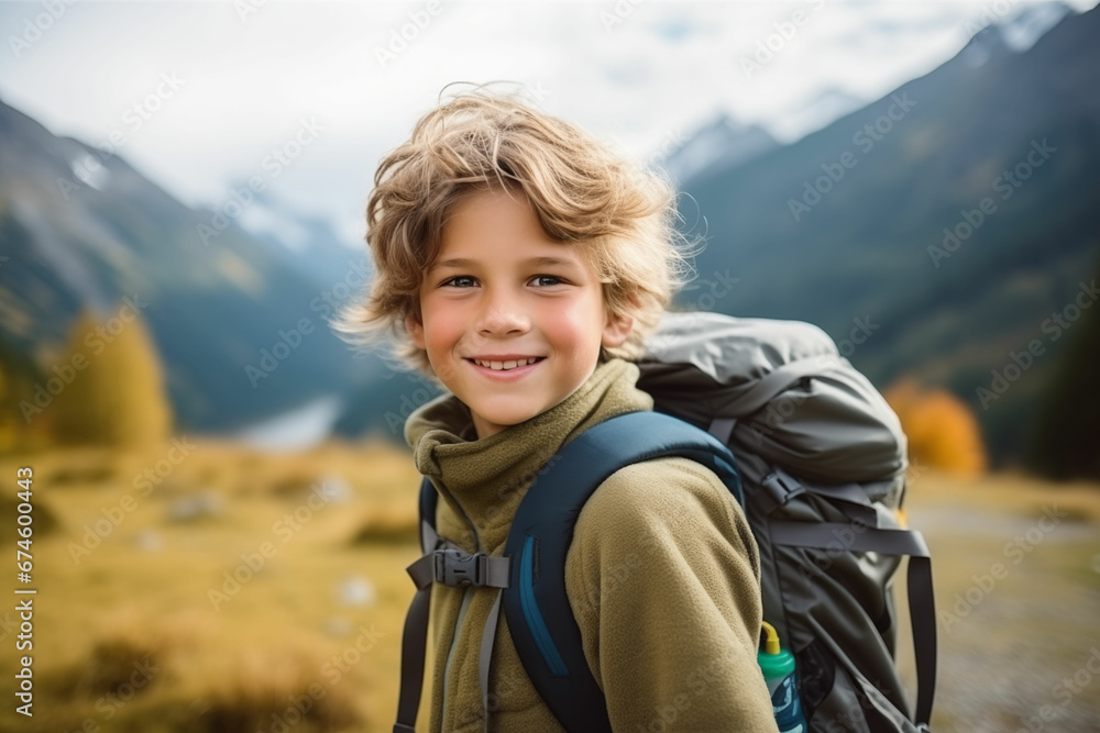 Joyful Young Boy Embarking on a Mountain Hiking Adventure, Embracing the Beauty of Nature