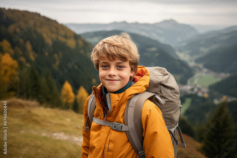 Joyful Child: A Young Boy Embracing the Adventure of Mountain Hiking