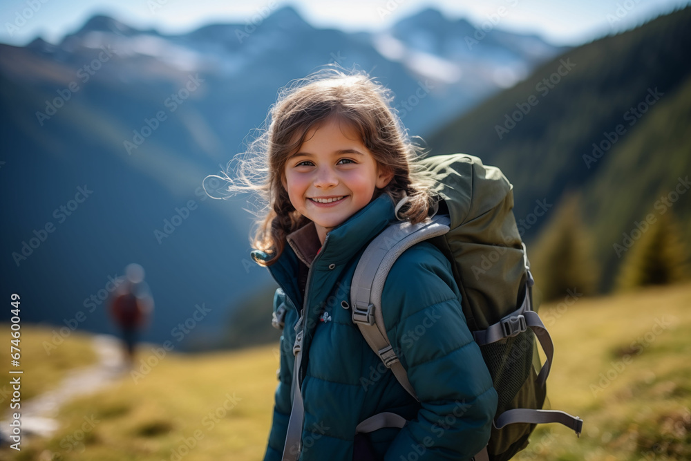 Cheerful Young Girl Embarking on a Walking Hike Adventure on a Majestic Mountain Landscape