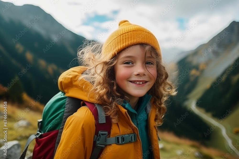 Joyful Young Girl Embarking on a Mountain Hiking Adventure, Radiating Happiness in Nature Joyful Young Girl Embarking on a Mountain Hiking Adventure, Radiating Happiness in Nature
