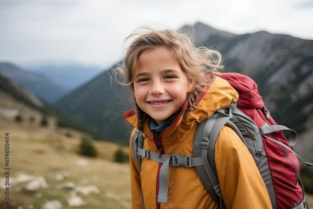 Joyful Young Girl Embarking on a Mountain Hiking Adventure, Basking in Nature's Beauty Joyful Young Girl Embarking on a Mountain Hiking Adventure, Basking in Nature's Beauty