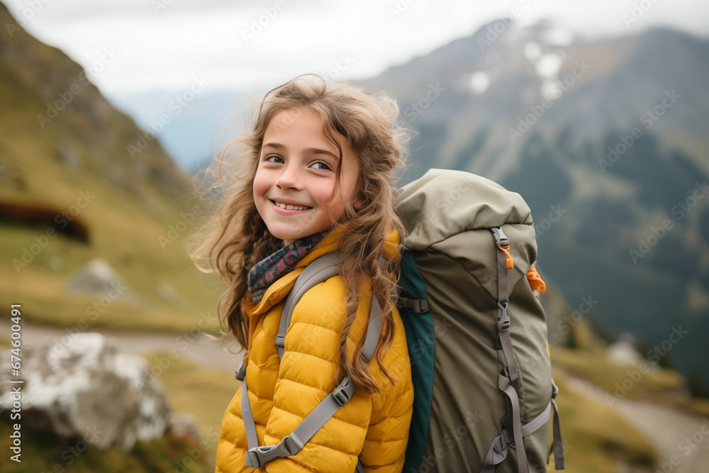 Radiant Little Girl Embarking on a Joyful Mountain Hike: Capturing the Spirit of Adventure and Happiness