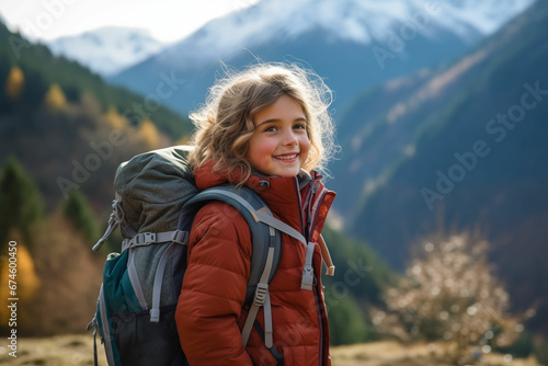 Cheerful Little Girl Embarking on a Mountain Hiking Adventure, Embracing Nature's Serenity