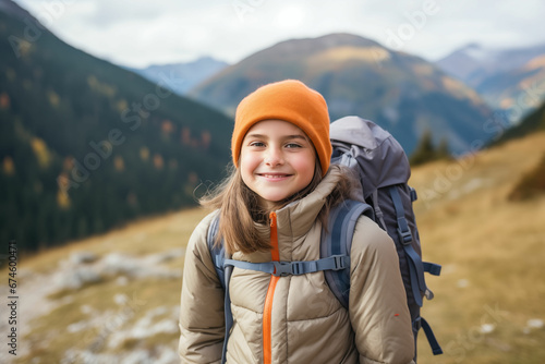 Joyful Young Girl Embarking on a Scenic Mountain Hiking Adventure © Fortis Design