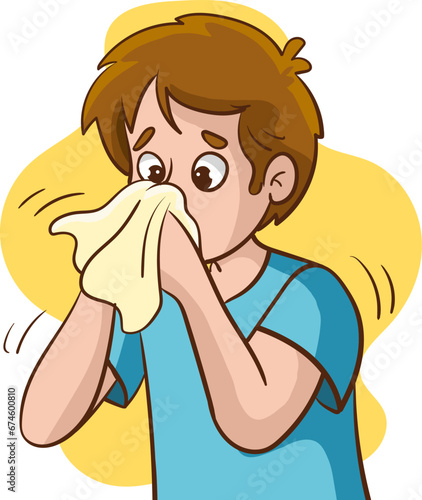 Illustration of a Kid Boy Sneezing and Wiping His Nose