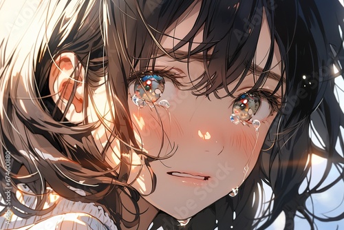 portrait of a beautiful crying young woman with black hair in anime style