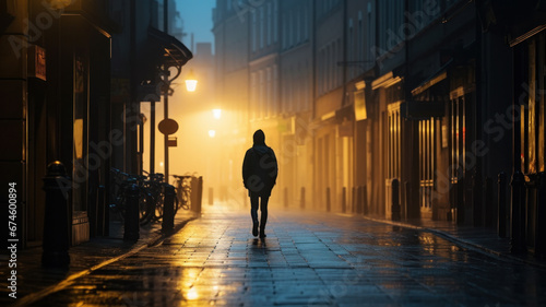 person walking in mysterious misty streetlights of city at night