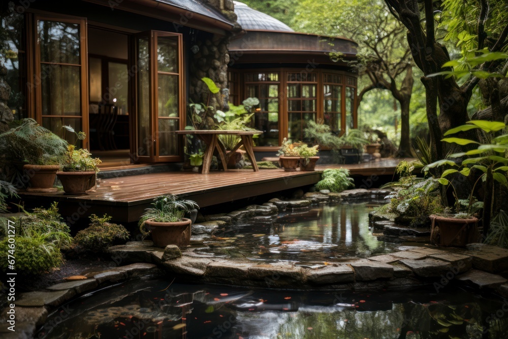 A serene spa garden with a wooden footbridge leading to a Japanese-style hot tub.