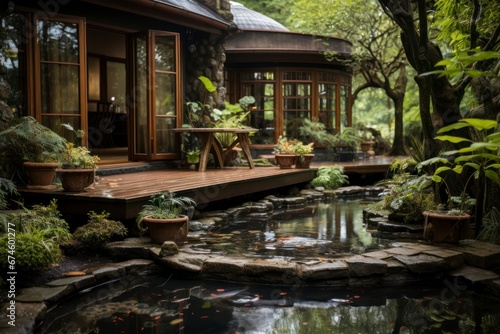 A serene spa garden with a wooden footbridge leading to a Japanese-style hot tub. © Hunman