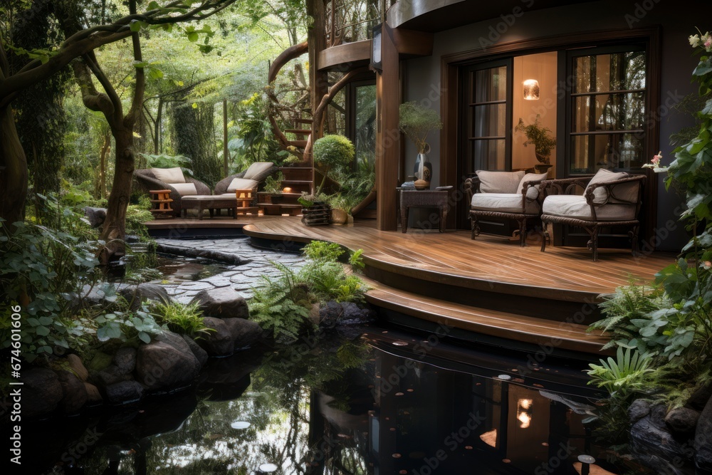A serene spa garden with a wooden footbridge leading to a Japanese-style hot tub.