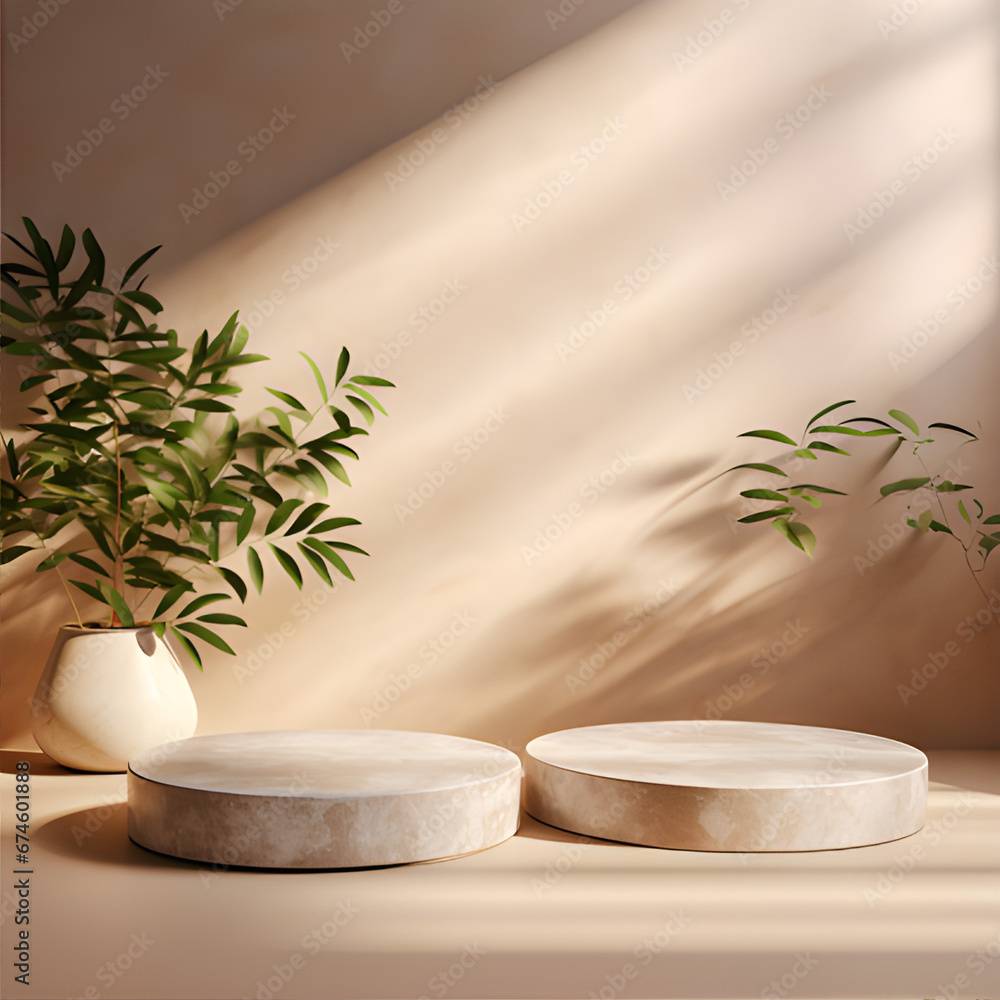 Beautiful Three beige marble platforms with shadow from tree foliage on the wall. Background for presentation Beautiful Three beige marble platforms with shadow from tree foliage on the wall. Background for presentation