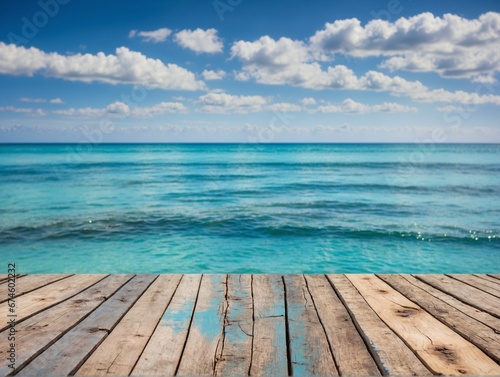 Wooden floor plank with blue sea and bright cloudy sky background