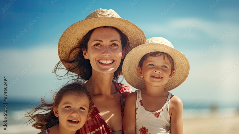 smiling mother with her two kids on the beach