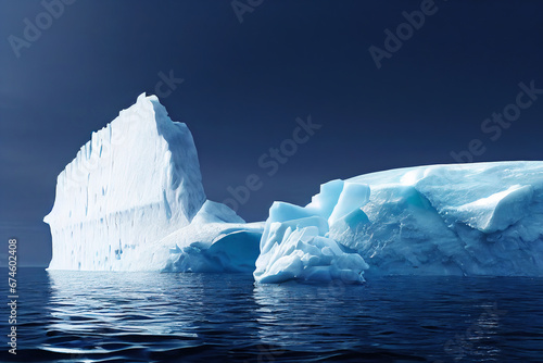 Arctic stillness. Monochromatic serenity of a massive iceberg in blue Icy waters under the azure sky
