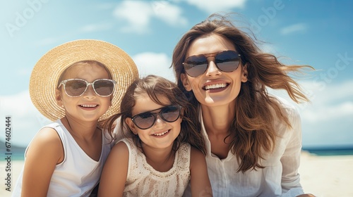 smiling mother with her two kids on the beach