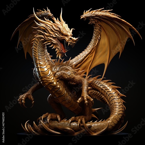 figure of a golden dragon in the style of Chinese wood carving on a black background  symbol of the 2024 new year