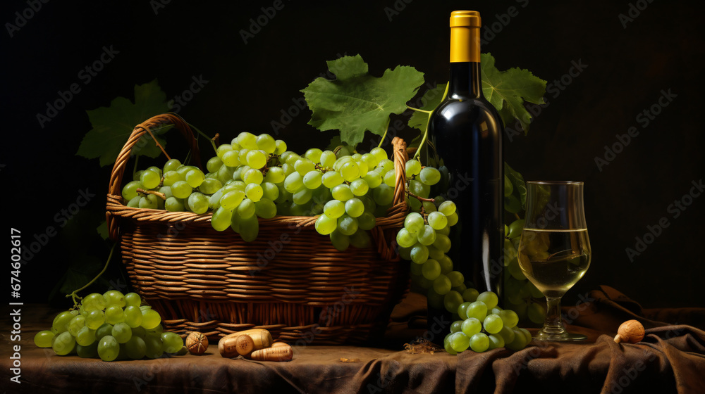 A realistic portrait of a bottle of wine and green