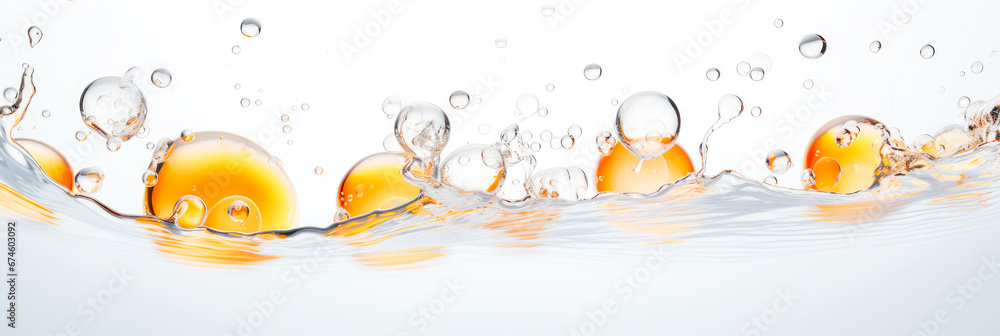 Luftblasen für Kosmetikprodukte auf weißem Hintergrund. Öltropfen im Wasser. - obrazy, fototapety, plakaty 