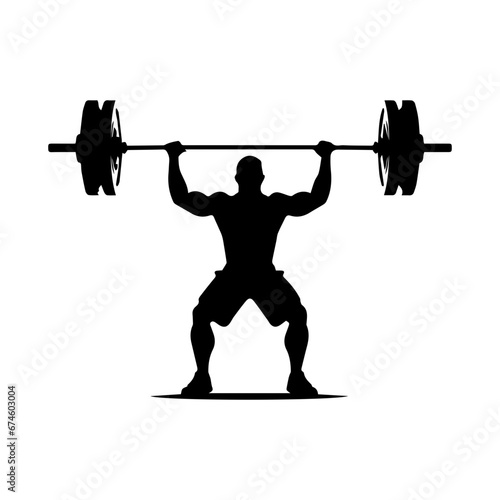 A weight lifting muscle man or bodybuilder weightlifting weights in silhouette, vector illustrator.
