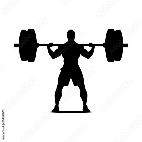 A weight lifting muscle man or bodybuilder weightlifting weights in silhouette, vector illustrator.