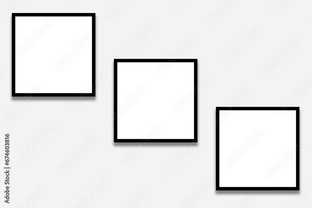 3 Blank white square photo frames template with black borders in a diagonal layout. Used as a printable photo collage or a mock up for album pictures or photographs collection in a gallery wall style. 3 Blank white square photo frames template with black borders in a diagonal layout. Used as a printable photo collage or a mock up for album pictures or photographs collection in a gallery wall style.