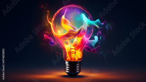 Colorful Light Bulb Glowing. Creative Idea Business Concept. 