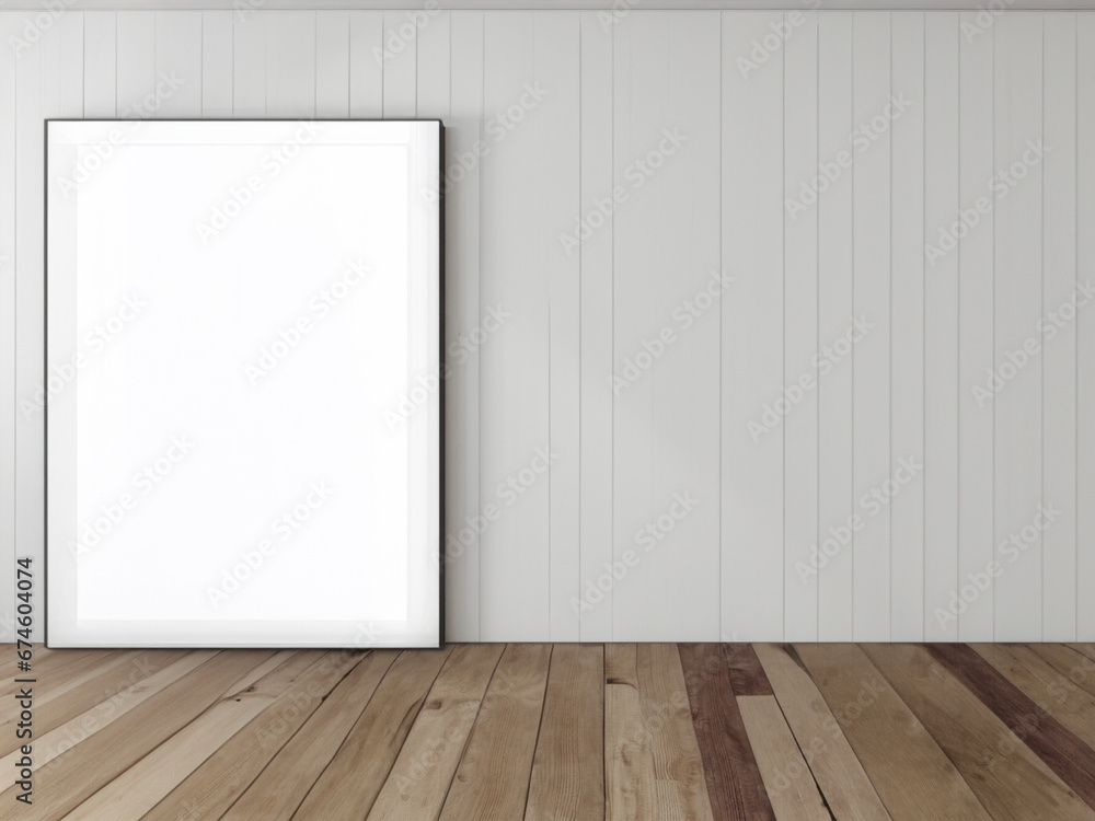 mock up poster frame on wooden background, 3d render mock up poster frame on wooden background, 3d render