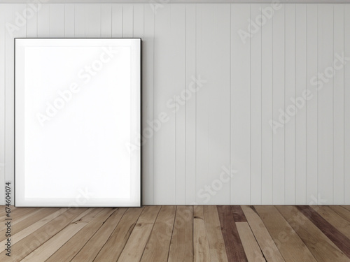 mock up poster frame on wooden background  3d render