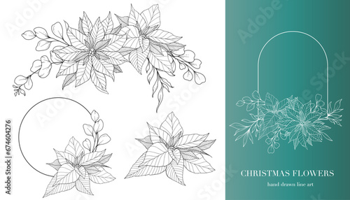 Poinsettia Line Art. Christmas Floral Frames and Bouquets Line Art. Fine Line Christmas Frame Hand Drawn Illustration. Hand Drawn Outline Poinsettia. ChristmasColoring Page. Poinsettia Isolated photo