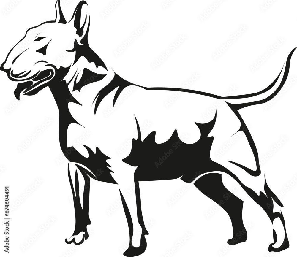 Cartoon Black and White Isolated Illustration Vector Of A Bull Terrier Dog Standing